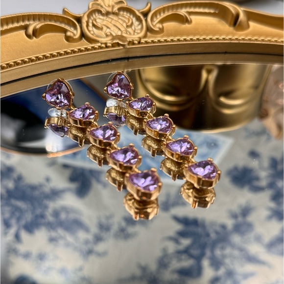 🆕 OSCAR DE LA RENTA 🧿 NWOT Crystal Embellished Amethyst Heart Drop Earrings - Picture 10 of 16
